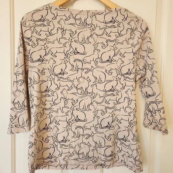 Kitty Cat Print Top Shirt Tan Black Whimsigoth Witchy Halloween Spirit Fairycore - Picture 3 of 15